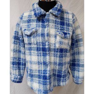 Blair Womens Medium Blue White Plaid Sherpa Snap Front Fuzzy Jacket